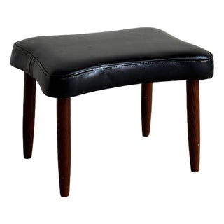 Vintage Danish Modern Teak & Black Leather Footstool Ottoman Mid Century Stool For Sale