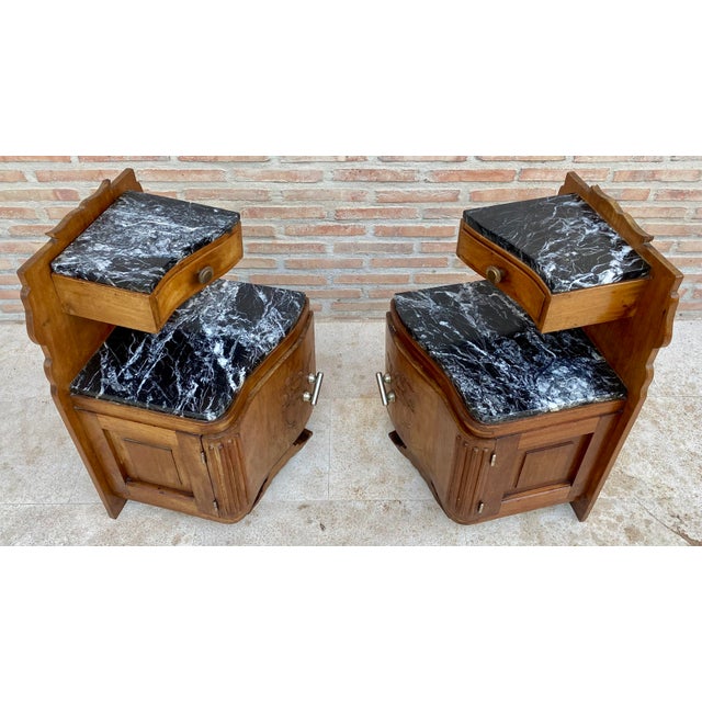 Pair of Art Deco Wood Bedside Tables With Marble Tops, Circa 1930 For Sale - Image 10 of 13