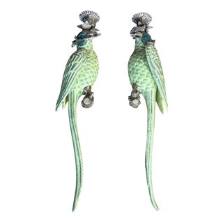 Large Ceramic and Gilt Metal Parrot Candle Wall Sconces, Set of 2 For Sale