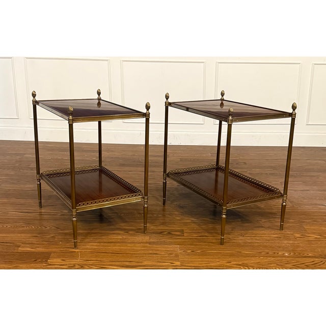 Pair of Two Tiered Brass and Wood End Tables by Leighton Hall - Showroom Samples For Sale - Image 10 of 17