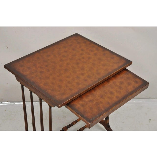 Regency Style Mahogany Brown Tooled Leather Accent Side Table by Highland House with Pullout Leather Top Surface. Circa...