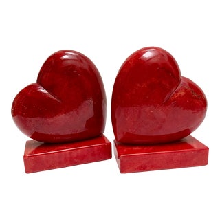 Vintage Italian Alabaster Stone Carved Red Heart Bookends, a Pair For Sale