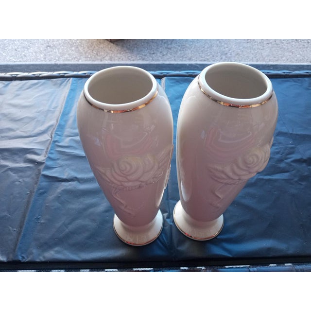 Gorgeous Pair of Lenox Usa Embossed Floral Decorative Vases For Sale - Image 4 of 6