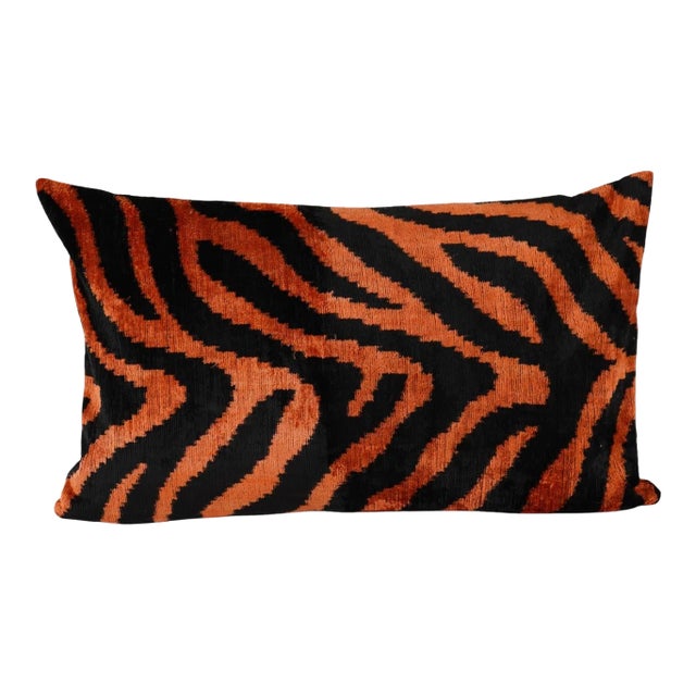 Silk Ikat Velvet Pillow Cover | Tiger Print Vermilion and Black Lumbar Pillow For Sale
