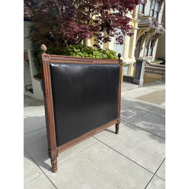 Animal Skin Antique Neoclassical Carved Wood & Black Leather Full-Size Headboard, Fluted Posts & Pinecone Finials For Sale - Image 7 of 12