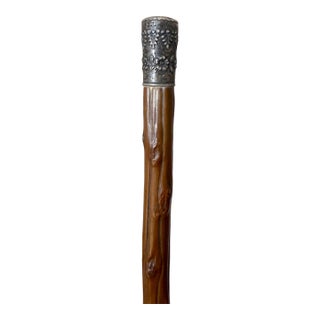 Antique 19th Century Tooled Sterling Silver Natural Wood Walking Stick Cane For Sale