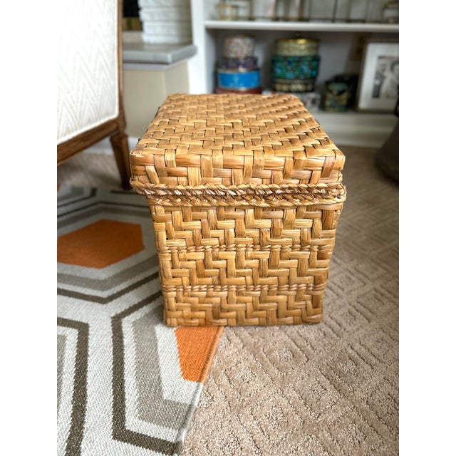Vintage Woven Rattan Storage Box With Leather Closures | Lidded File Box, Custom Designer Fabric Lined Interior, Boho Coastal Decor For Sale - Image 4 of 12