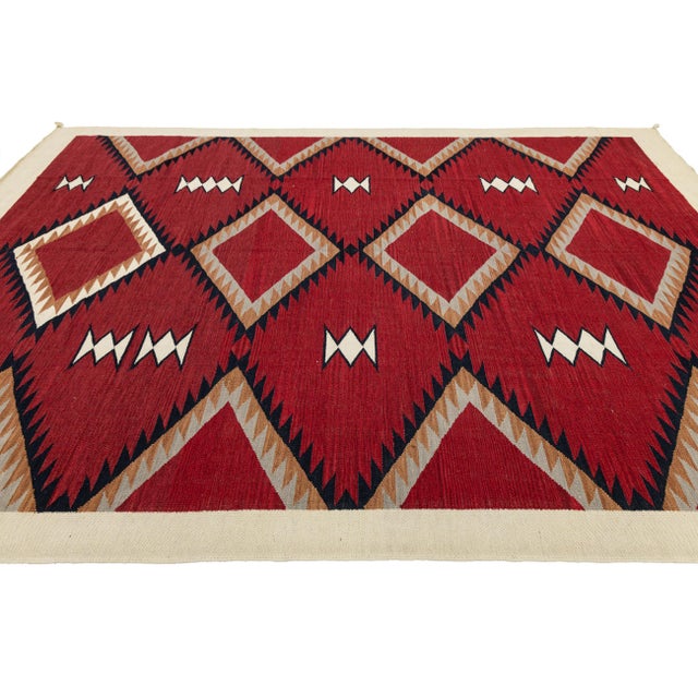 9x12 Modern Navajo Style Geometric Area Rug Handmade Red & Cream Wool Flatweave For Sale In New York - Image 6 of 11