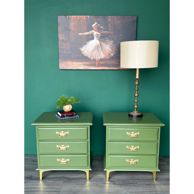 Pair of Mid-Century Green Nightstand These nightstands are solid build and newly refinished in apple green with satin...