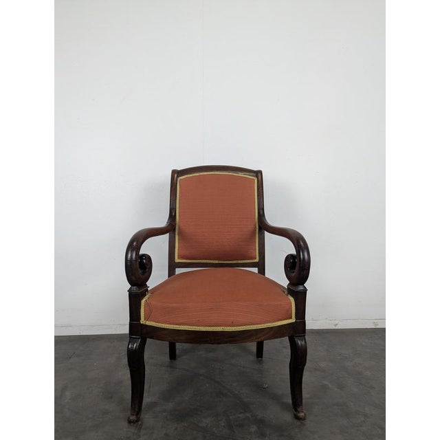 Restoration Style Mahogany Armchair with Curved Armrests and Orange Fabric For Sale - Image 4 of 11