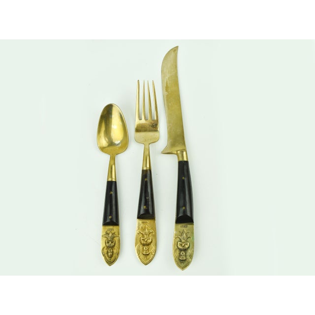 Metal Mid 20th Century Siam Brass Serving Flatware Set With Horn Handle Set in Original Box - 29 Pieces For Sale - Image 7 of 12