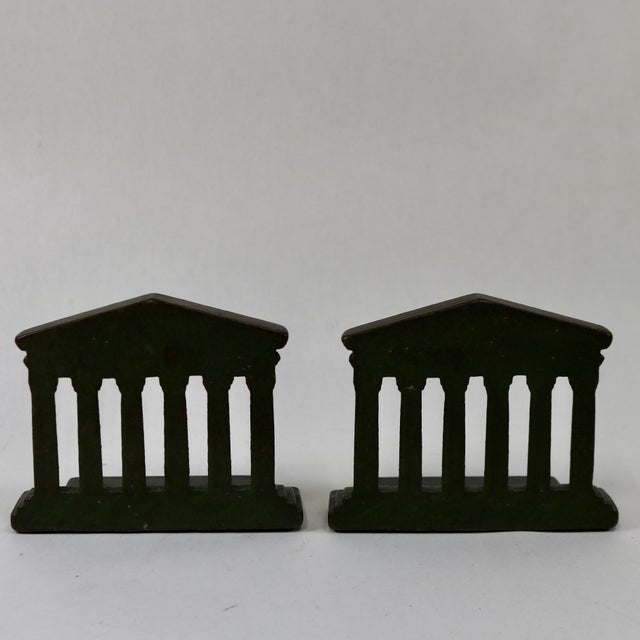 Vintage Solid Cast Iron Parthenon Greek Roman Temple Column Bookends With Faux Green Patina For Sale - Image 4 of 11
