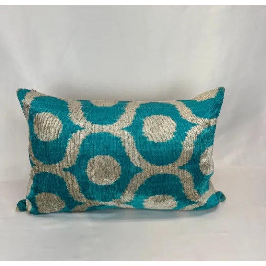 2010s Turkish Modern Blue Velvet Silk Ikat Pillow Cover For Sale - Image 5 of 5