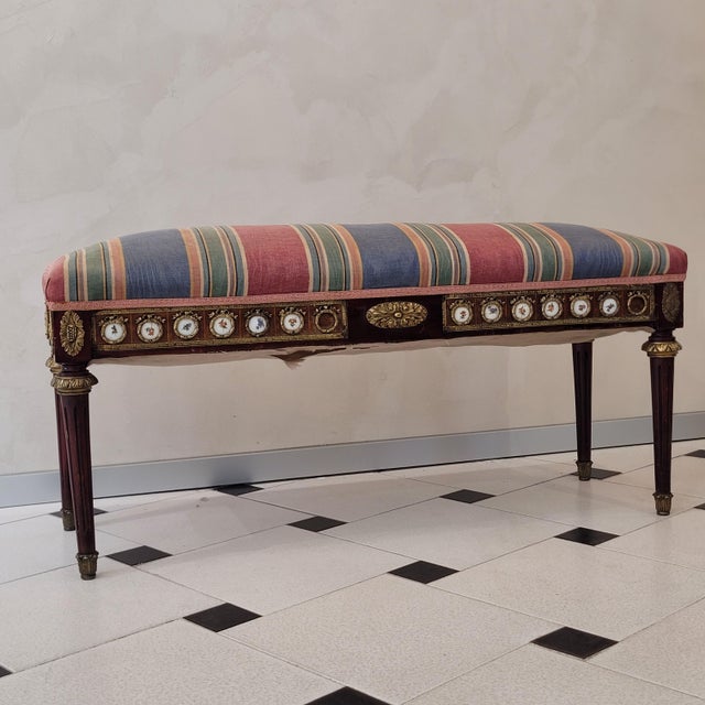 Metal Louis XVI Style Dressing Bench in Beech, Bronze and Porcelain, France, 1850 For Sale - Image 7 of 18