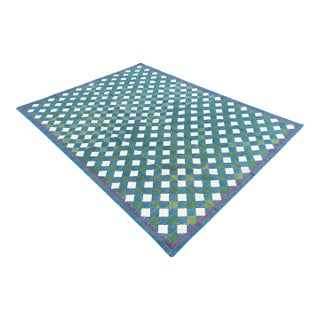 Handmade Cotton Vegetable Dyed Checked Gingham Area Rug Teal Blue With Cream and Forest Green - 8'x10' For Sale