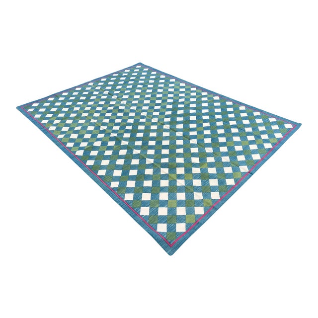 Handmade Cotton Vegetable Dyed Checked Gingham Area Rug Teal Blue With Cream and Forest Green - 8'x10' For Sale