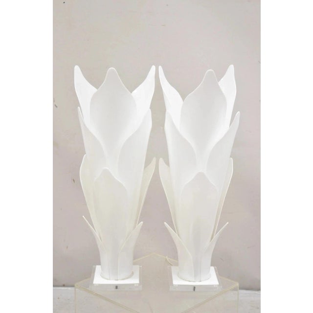 Rougier Mid 20th Century Rougier White Acrylic Lucite Tulip Flower Leaf Mid Century Table Lamps - A Pair For Sale - Image 4 of 12