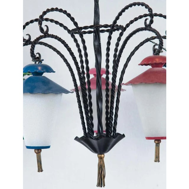 1950s Japanese Wrought Iron 5 Lanterns Chandelier For Sale In New York - Image 6 of 11