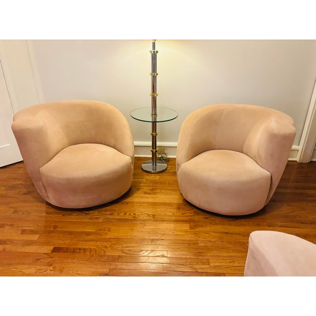 Textile Pair of Vladimir Kagan Swivel Chairs With Crescent Ottoman in Blush Microsuede For Sale - Image 7 of 8