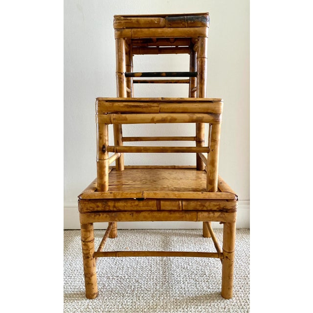 Vintage Bamboo Nesting Stools Rattan Plant Risers - Set of 3 For Sale - Image 13 of 13