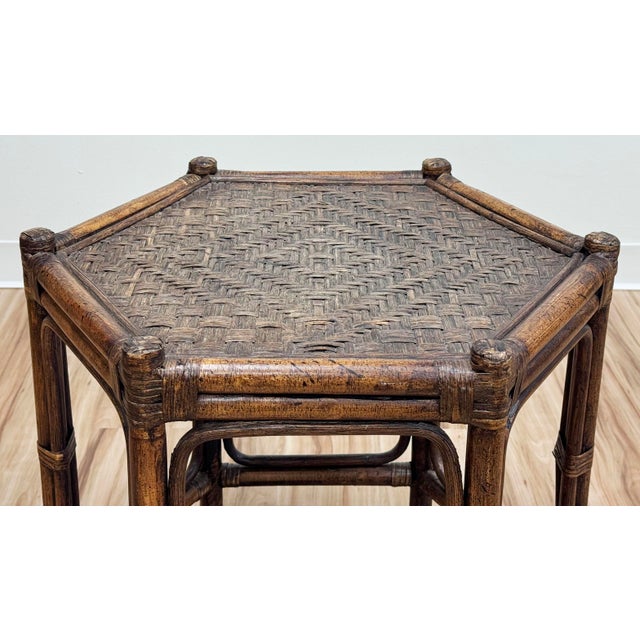 Mid 20th Century Vintage Hexagonal Rattan and Woven Wicker Side Table For Sale - Image 5 of 6