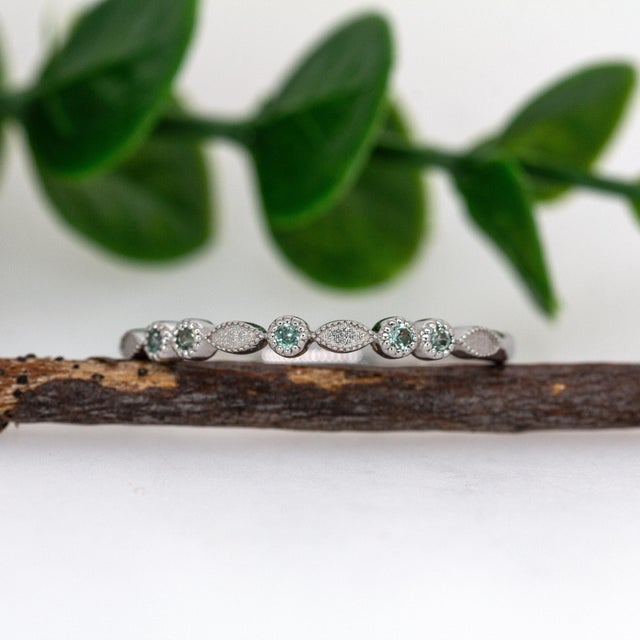 Contemporary Dainty Alexandrite Band With Milgrain Details in Solid 14k White Gold | Rd 2mm, Size 6.75 For Sale - Image 3 of 8