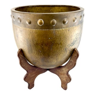 Vintage Hammered Brass Jardiniere With Carved Wooden Stand For Sale