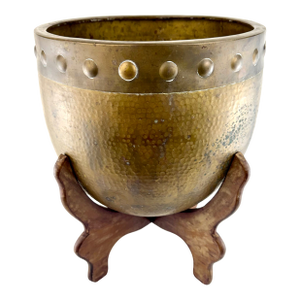 Vintage Hammered Brass Jardiniere With Carved Wooden Stand