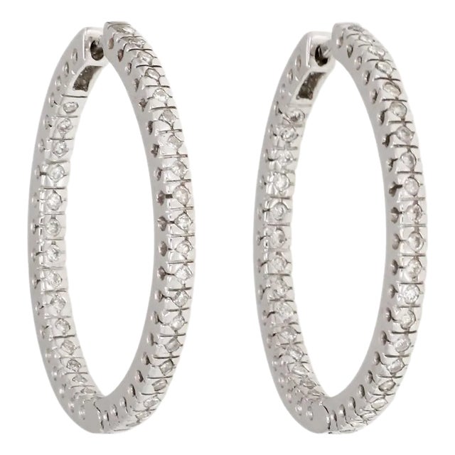 Elegant 1.00ct Diamond 18k White Gold Inside Out Hoop Earrings, 2 pieces For Sale