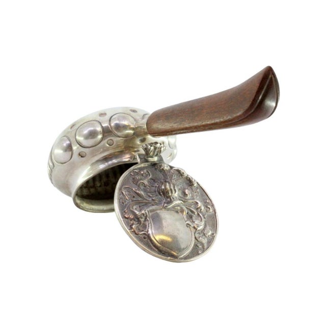 Silver Embossed Whisk with Helmet and Feathers Lid, Monogram Card and Wooden Handle For Sale - Image 10 of 10