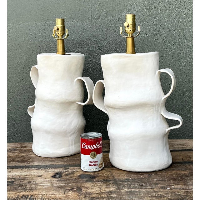Metal Vintage Artisan Slab Built Pottery Lamps - A Pair For Sale - Image 7 of 12