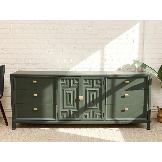 Hollywood Regency Vintage Dark Green Geometric Credenza With Brass Hardware For Sale - Image 3 of 12