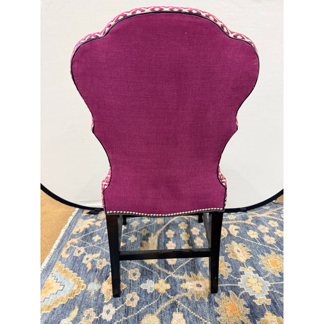 Wood Set of 4 Custom Upholstered Burgundy Geometric Velvet Dining Chairs For Sale - Image 7 of 8