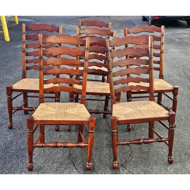 English Late 20th Century Set of Six English Oak Faux Bamboo Mahogany Six-Splat Ladder Back Chairs With Rush Seats For Sale - Image 3 of 13