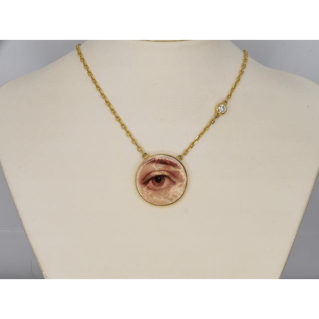 Metal Lover's Eye Necklace — Minimalist Mother-of-Pearl Eye Pendant For Sale - Image 7 of 8