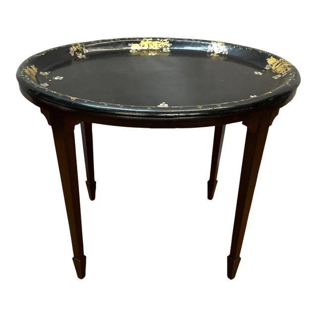 19th Century Paper Mâché Painted Oval Tray on Later Stand For Sale