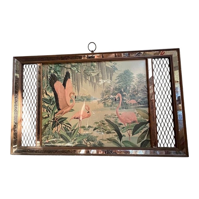 Vintage Mid-Century Flamingo Lithograph in Original Windsor Mode Mirrored Frame by Robert Stein & Co. & Illinois Moulding Co. For Sale