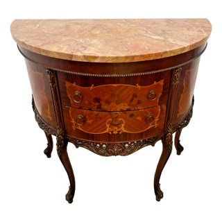 Antique French Demilune Console Table Two Drawers Inlays Hand Carved, Marble Top For Sale
