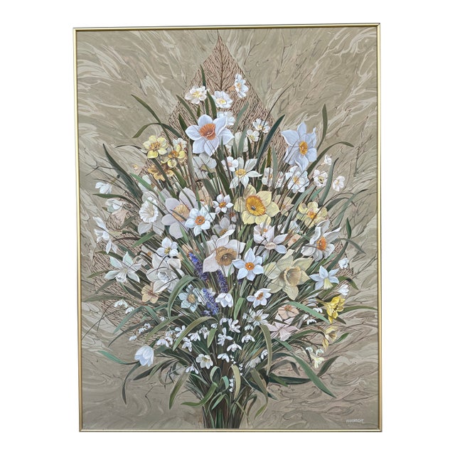 Framed Signed Wainwright Floral Painting Titled "Spring Flowers With Winter Leaf," Dated Jan '75 For Sale