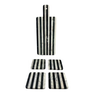 Marble Striped Black and White Paddle Cheese Board and 4 Matching Coaster Set- 5 Pieces For Sale