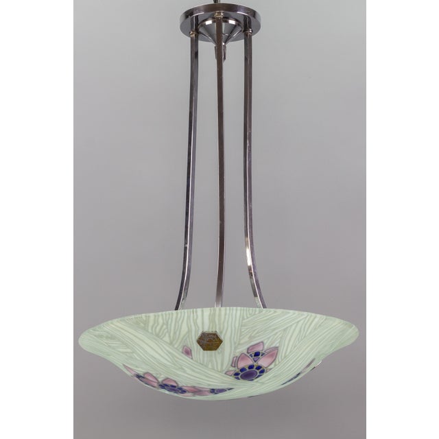 Art Deco French Floral Glass and Chrome Pendant Light from Loys Lucha, 1930s For Sale - Image 9 of 18