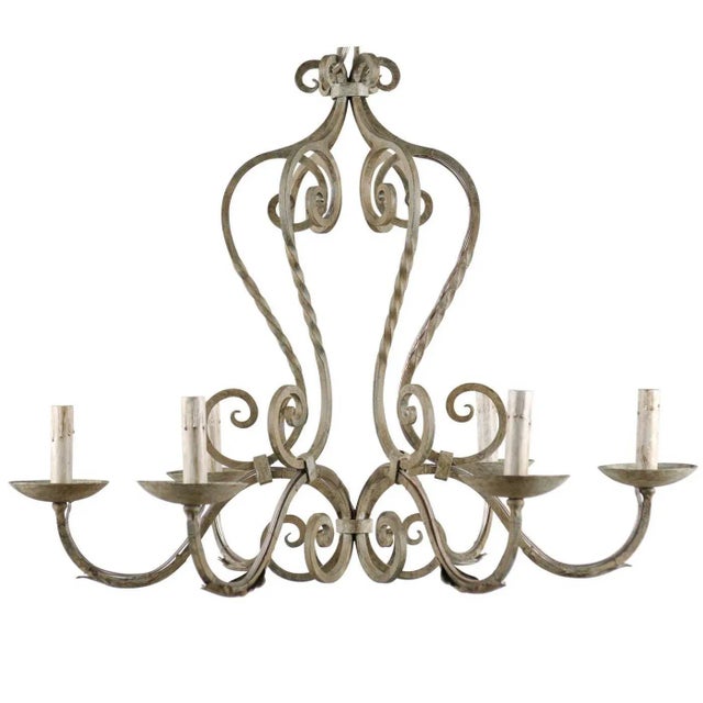 Metal Vintage Mid 20th Century French Painted Iron 6 Light Chandelier with S-Scrolls Neutral Grey Color For Sale - Image 7 of 7