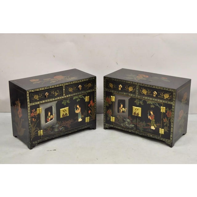 Vintage Chinese Small Asian Black Lacquer Painted Cabinets - a Pair For Sale - Image 12 of 12