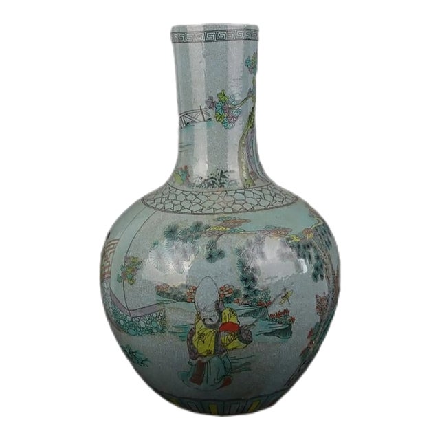 Chinese Vintage Porcelain Vase Qing Dynasty Qianlong Marked Crackle Glaze Famille Verte Porcelain Tianqiu Vase Hand Painted Figures Pattern For Sale