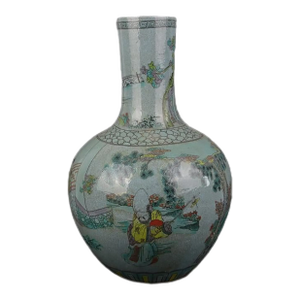 Chinese Vintage Porcelain Vase Qing Dynasty Qianlong Marked Crackle Glaze Famille Verte Porcelain Tianqiu Vase Hand Painted Figures Pattern