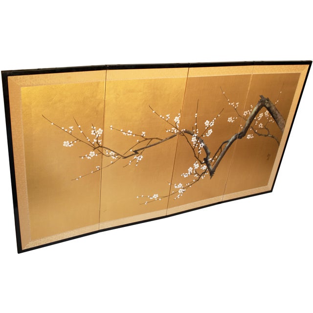 Lovely vintage Showa Era Japanese painted 4-panel Byobu (folding screen) depicts a branch of Blossoming Sakura (Cherry...