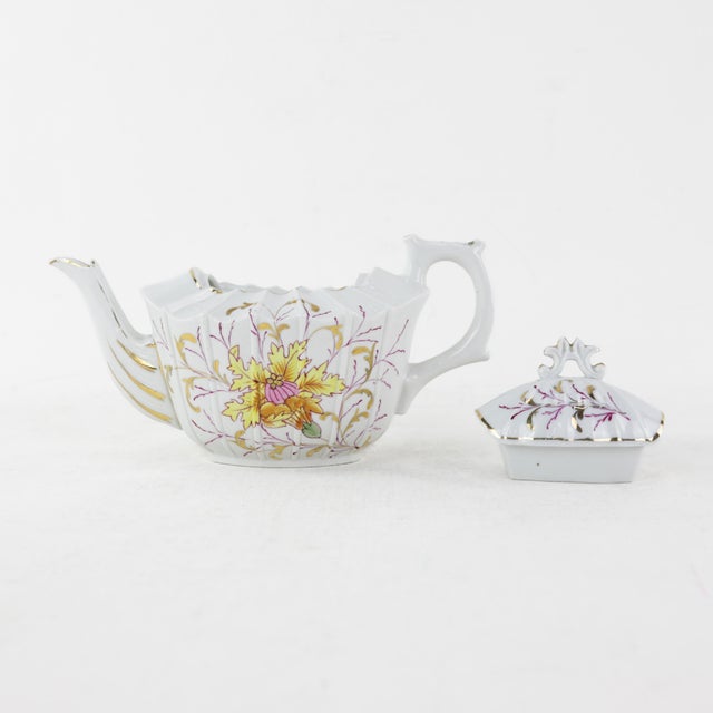 Vintage Hand-Painted Porcelain Tea Set With Floral & Gold Details For Sale - Image 4 of 9