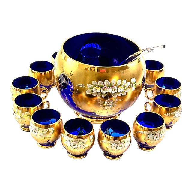 Early 20th Century Bohemian-Hand Blown and Cut, Cobalt Blue, 24 Karat Gold Encrusted Punch Bowl Set- With Enameled Three Dimensional Flowers - 15pcs For Sale