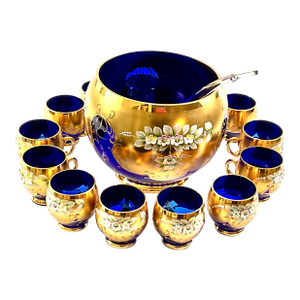 Early 20th Century Bohemian-Hand Blown and Cut, Cobalt Blue, 24 Karat Gold Encrusted Punch Bowl Set- With Enameled Three Dimensional Flowers - 15pcs
