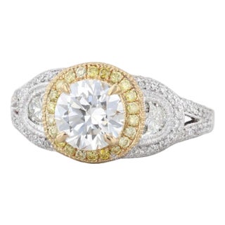 1.87ctw White Yellow Diamond Halo Engagement Ring 18k White Gold Size 8 Gia For Sale